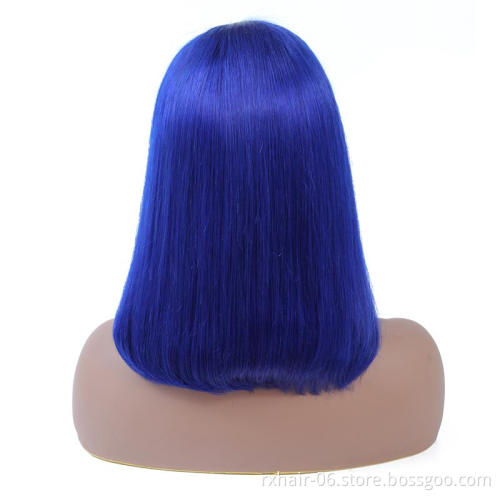 High Quality Top Sale Silk Base Short Blue Color Bob Wig Straight 13x4 Lace Front Human Hair Ombre Wigs